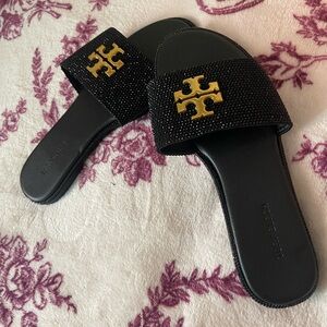 Tory Burch Black Slides with Gold Emblem